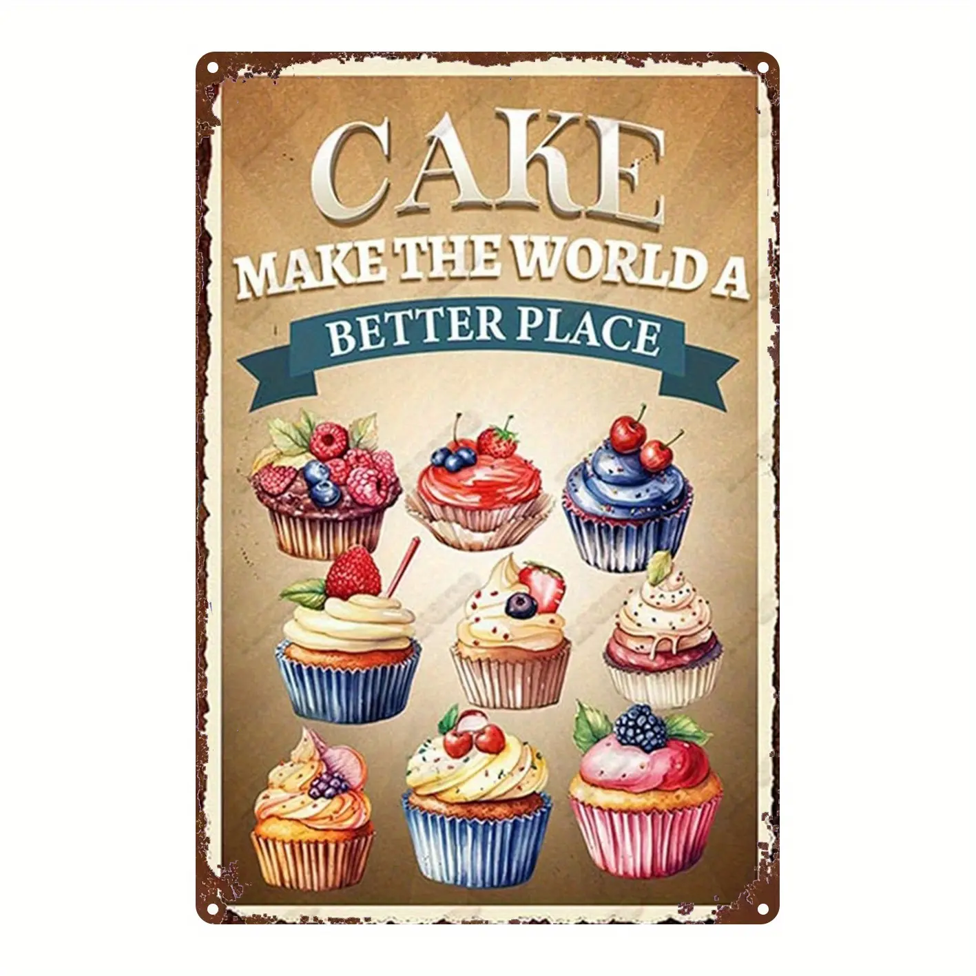 Vintage 2D Flat Metal Cupcake Iron Wall Sign, 8x12 in/20x30 cm Heavy-Duty, "CAKE MAKES THE WORLD A BETTER PLACE" Phrase, Pre-Drilled Holes, Easy Hanging, Christmas Home Decoration, Bakery Kitchen Gift for Cupcake Lovers, Siblings, Mother, Elegant