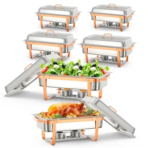 8QT Commercial Rectangular Buffet Chafing Dish, Rose Gold Stainless Steel Food Warmer with Lid Holder, Spoon & Tweezers Included, 4/6 Pack for Buffet, Restaurant, Catering, Banquets and Parties