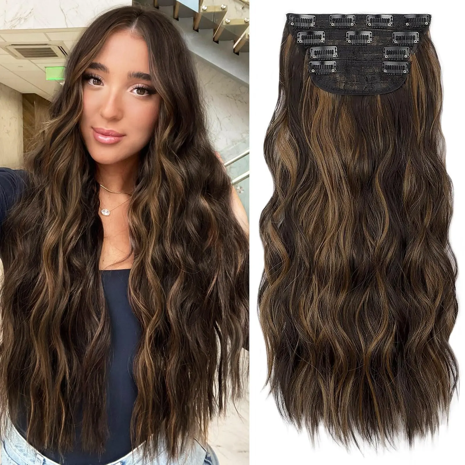 HMD Women's Glueless Pre-Style Clip-in Synthetic Hair Extensions - 4 Packs 20/24 Inch Blonde Body Wave Thick Wavy Hairpieces with BB Clip Base, Party-Ready Fashion Accessory