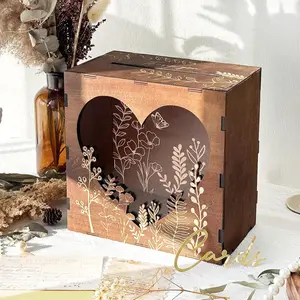 Brown Wedding Card Box for Reception with Heart Acrylic Window, Wooden Gift Card Box for Wedding with Flower Pattern, Vintage Card Box for Graduation Birthday Party Anniversary Baby Shower