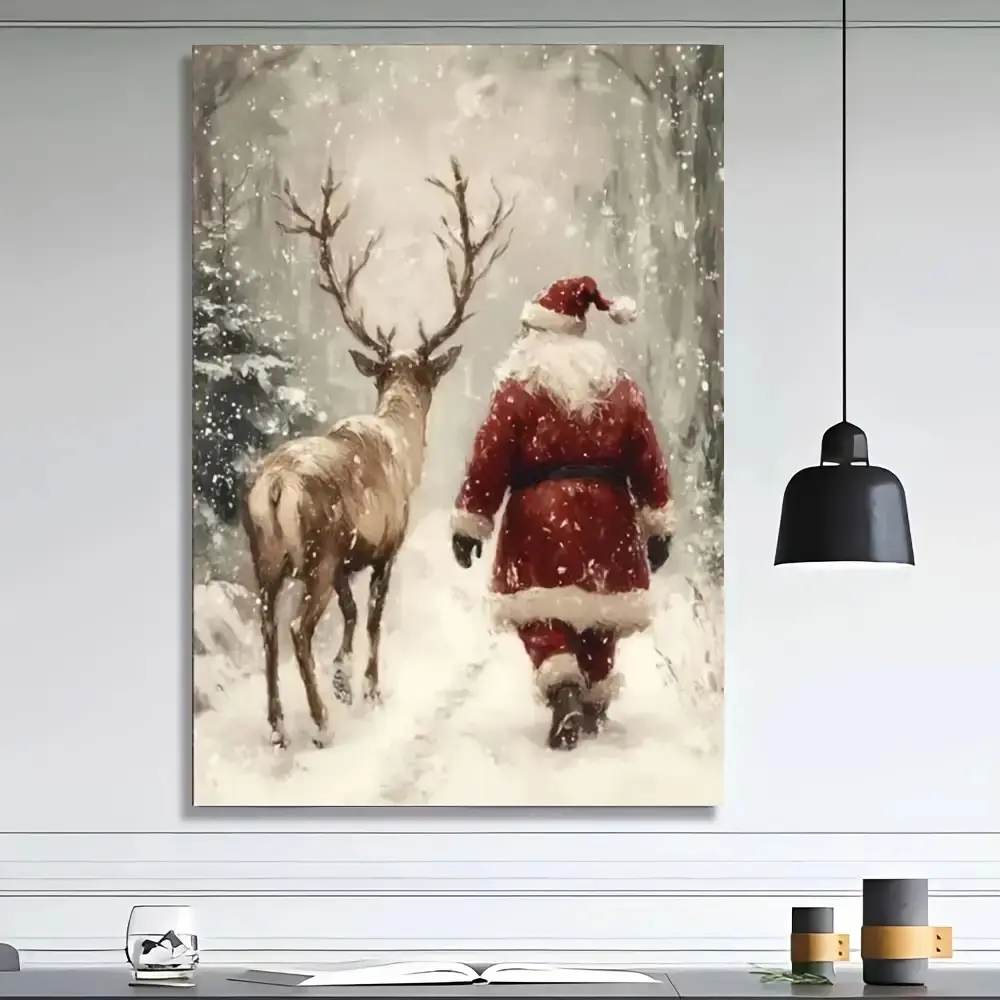 Eco-Friendly Art Deco Santa & Reindeer Wall Art - 8"x12"/24"x36" Artistic Wood-Framed Canvas Print, Snowy Forest Decor, Easy-Install Hardware Kit, Home Living Room/Office Hanging Decor, Ideal Christmas Gift