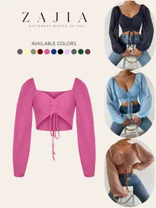 Summer V-Neck Chiffon Shirt Top, Drawstring Lantern Sleeve, Tight Fashion Sexy Design, Women's Clothing, Trendy and Stylish