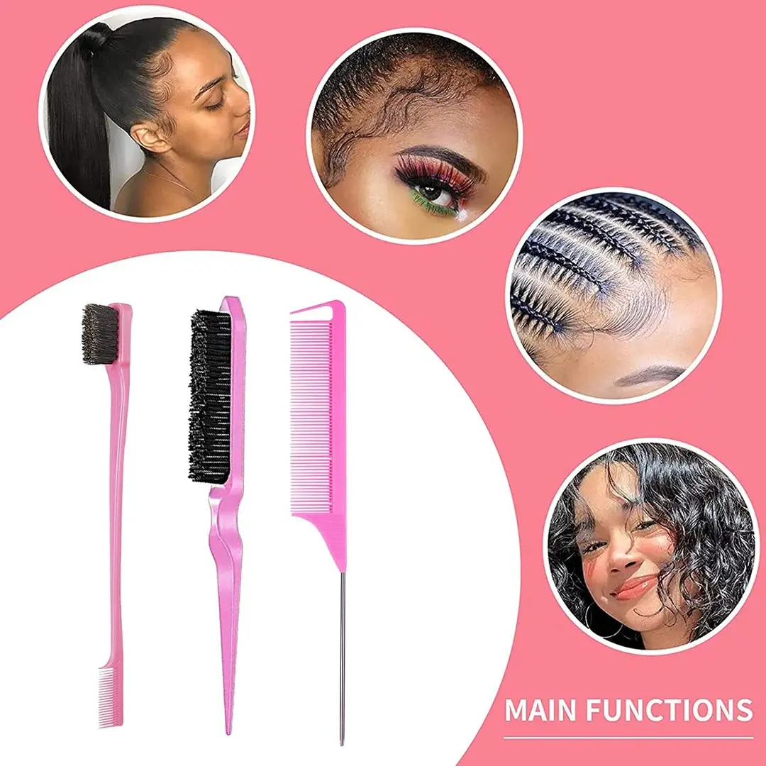 3-Piece Hair Styling Comb Set, Teasing Comb, Tail Comb, Hairdressing Comb, Edge Brush, Hair Grooming Brush, Ideal for Wigs, Braiding, Sectioning, Hair Styling Tools