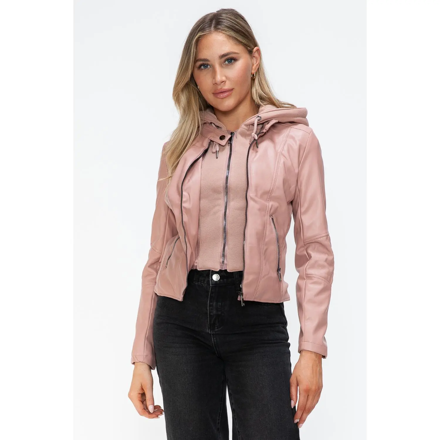 Snobbish Faux Leather Zip Up Drawstring Hooded Jacket
