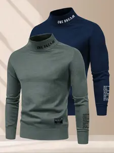 Men's Fleece Pullover High Neck Long Sleeve Sweatshirt, Casual Letter Print, Slim Fit, Fall & Winter Warm Thick Round Neck Top,2 Pack,Fall outfits/Winter outfits