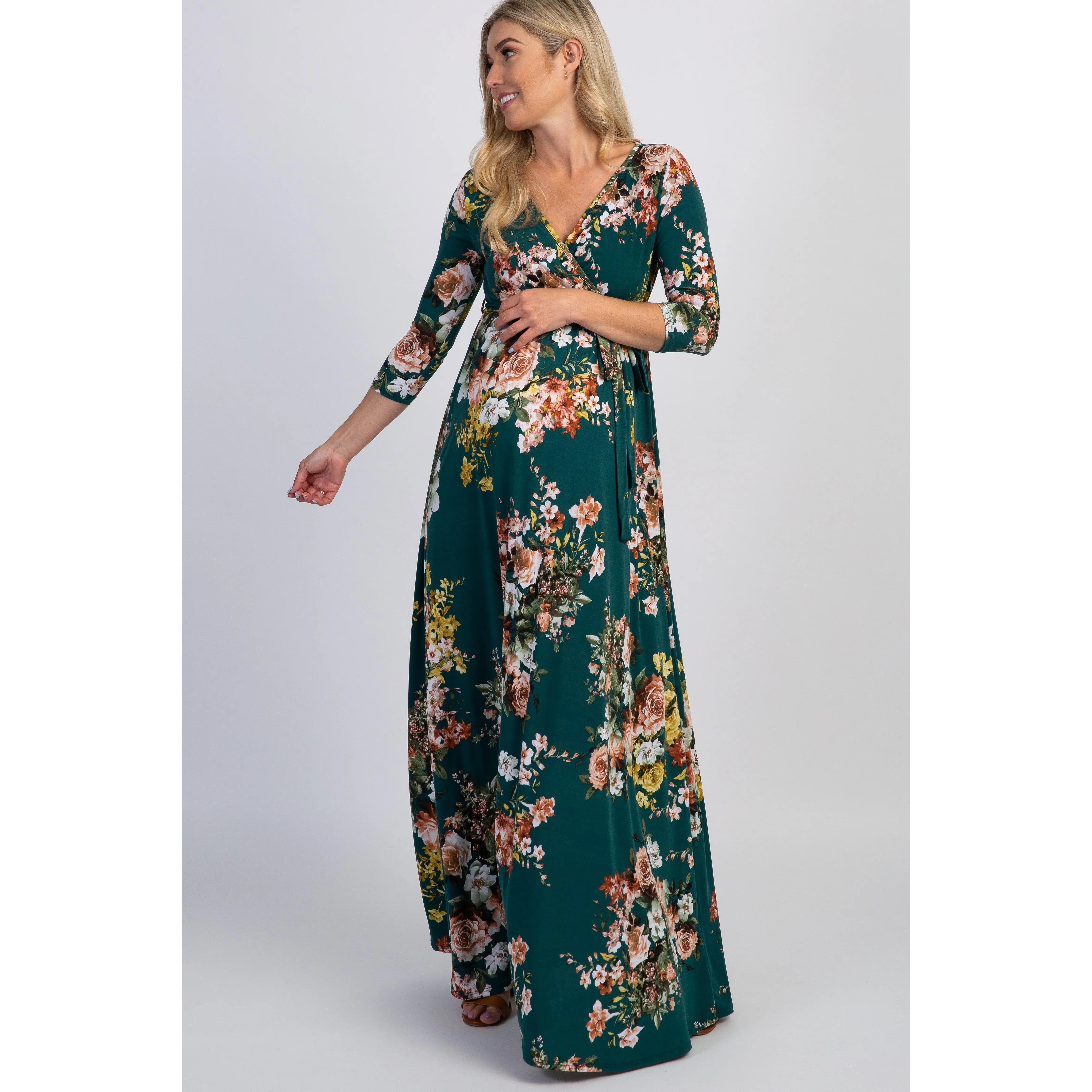 PinkBlush Green Rose Print Sash Tie Maternity Maxi Dress