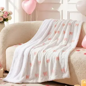 Super Soft Double-Layer Polyester Fleece Throw Blanket, 50x60 in, Flannel Weave, Multi-Size Options, Pink Bow Design, Cozy for Bed/Couch, Valentine Gifts for Couples