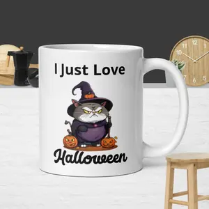 White Glossy Cat Halloween Mug - Ceramic Cup for Drinks