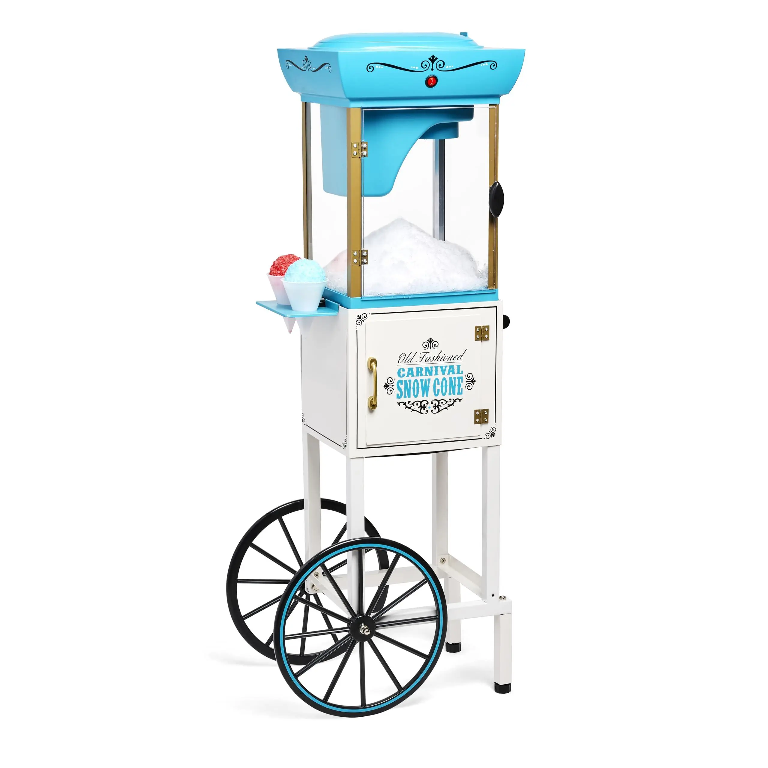 Snow Cone Shaved Ice Machine - Retro Cart Slushie Makes 48 Icy Includes Metal Scoop  Storage Compartment Wheels For Easy Mobility White Blue