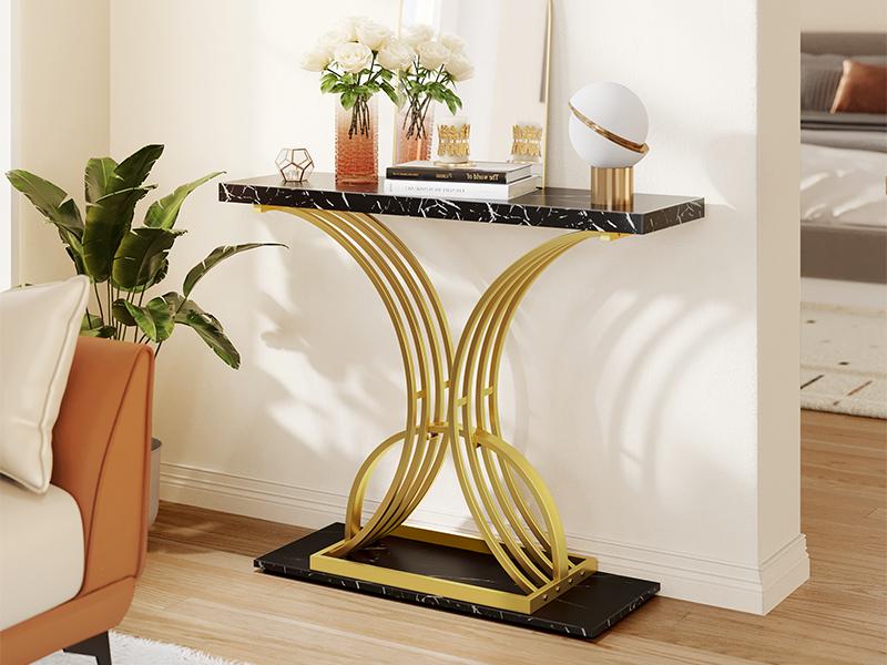 DWVO Gold Console Table, Modern Sofa Table for Living Room, Hallway, 40 inch Narrow Entryway Table, Faux Marble Black