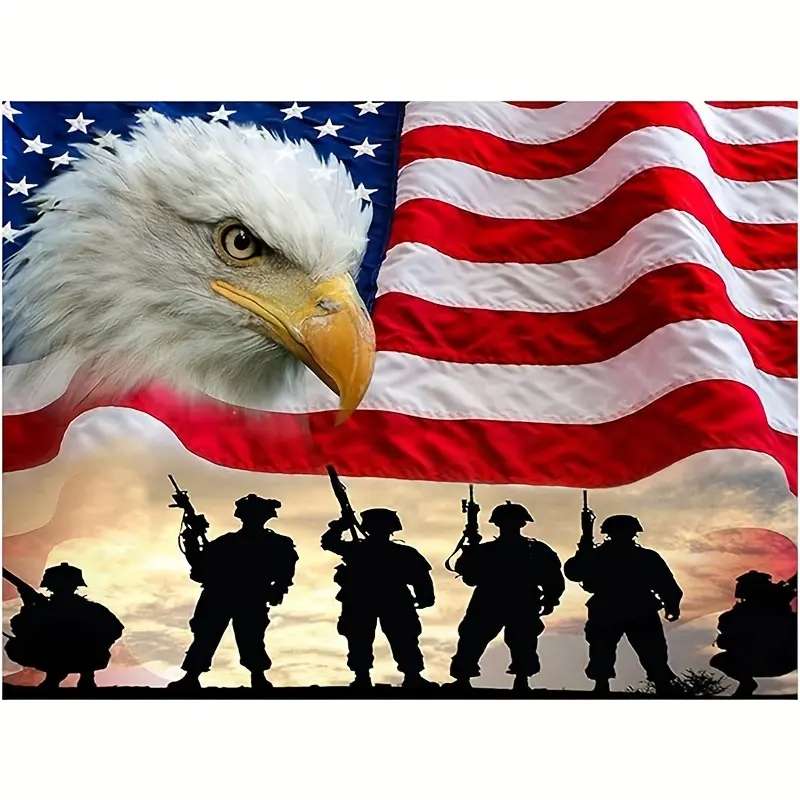 American Bald Eagle with US Flag and Silhouette Soldiers Diamond Painting Kit for Adults, 5D Full Drill Art with Patriotic Theme, Stars and Stripes Design, Home Wall Decor, Memorial Day & Independence Day Crafts