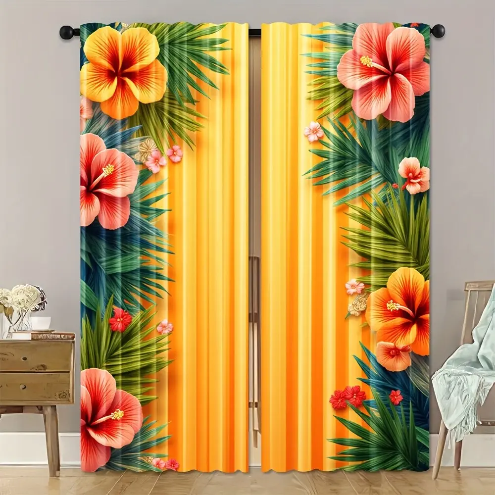 2 Piece Set Vibrant Tropical Print Curtains, Artistic Lotus Flower & Palm Leaf Pattern, Durable Polyester Rod Pocket