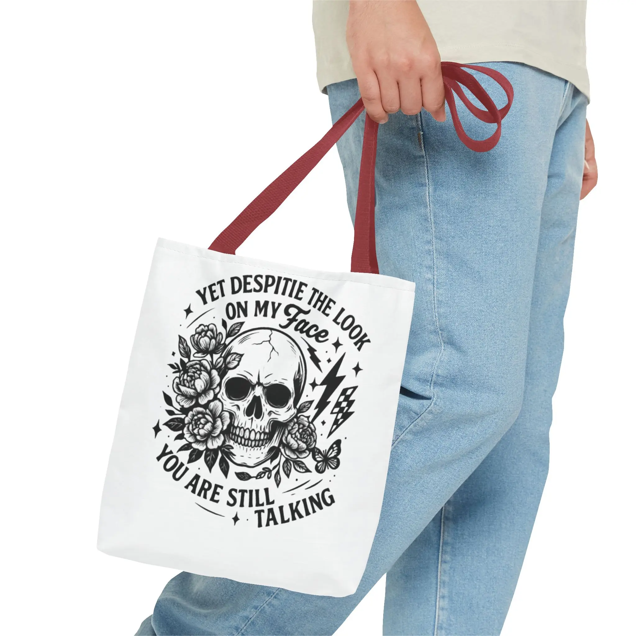Skull and Roses 'Yet Despite The Look On My Face You Are Still Talking' Tote Bag