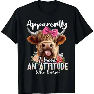 STORE-Material Highland Cow T-Shirt - Apparently I Have An Attitude Who Knew Sarcasm Cotton Tee for Casual Wear & Gifts