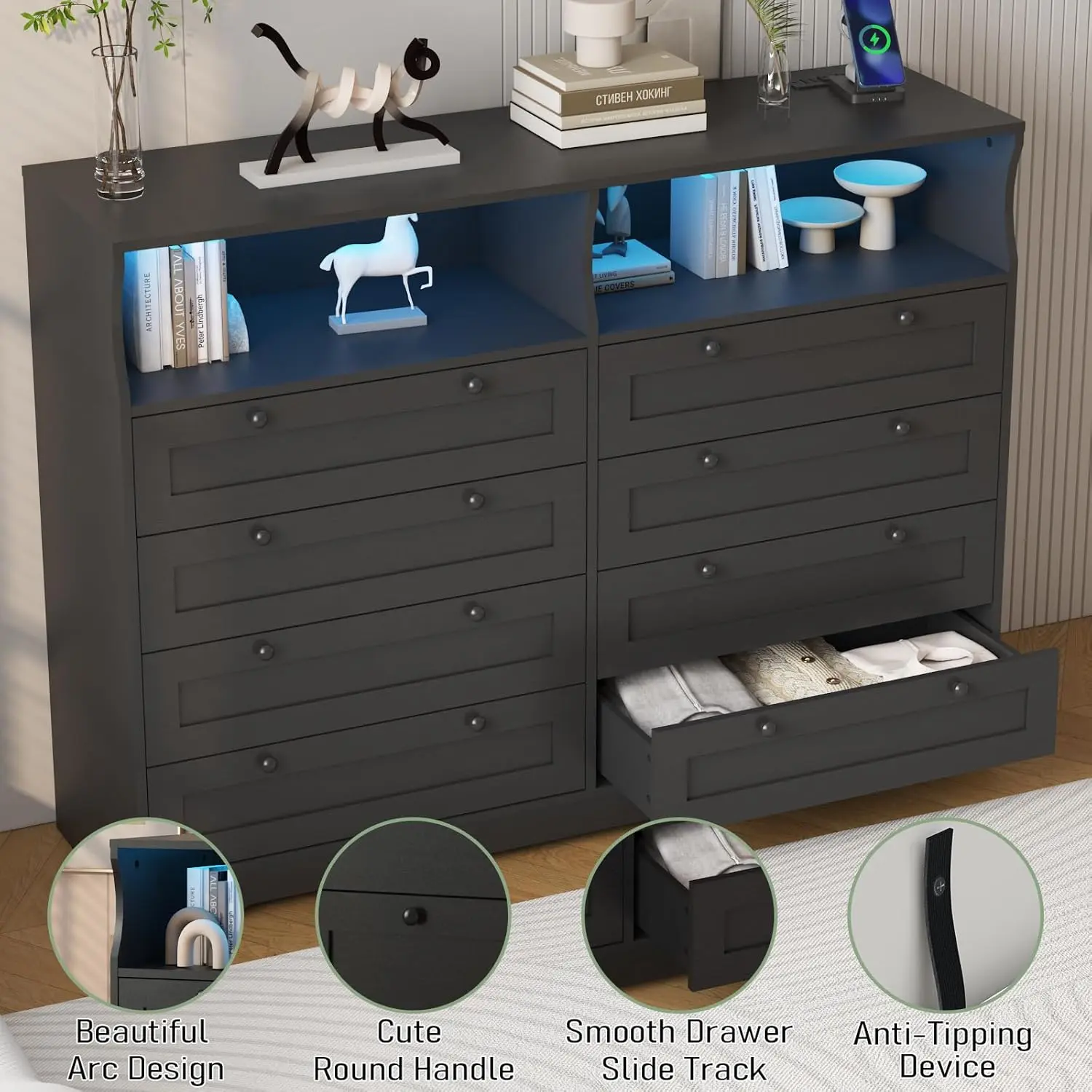 Black 8-Drawer Wood Bedside Cabinet - Modern Space-Saving Indoor Storage Furniture with RGB LED Lights, Charging Station (USB & AC Outlets), Smooth Glide Drawers, Anti-Fall Safety Brackets, Open Shelf for Bedroom, Living Room