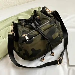 Camouflage Drawstring Bucket Bag, Outdoor Sports Crossbody Bag, Casual Mini Travel Hiking Cycling Bag