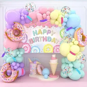 Donut Birthday Party Decorations, 140Pcs Sweet One Balloon Garland Arch Kit and Happy Birthday Backdrop,Pastel Confetti Donut Foil Balloons