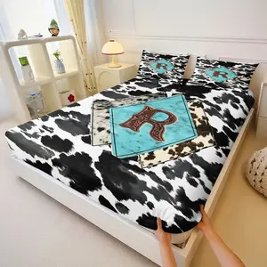3PcsWestern Cowhide Pattern Fitted Sheet Set, Rustic Turquoise Diamond with Brown 'R' Bedding Set, Stylish Tooled Leather Inspired Printed Bedding, Perfect for Western Themed Bedroom Decor, Includes 2 Pillowcases, No Pillow Core