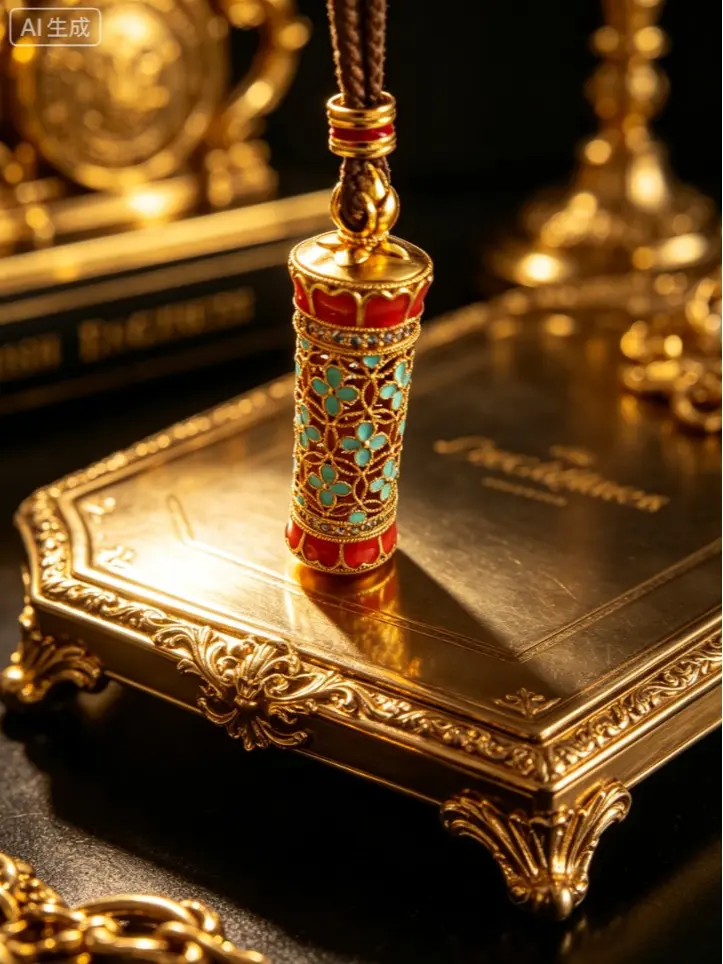 18K Gold Plated Filigree Cylinder Pendant Necklace, Handcrafted Enamel Cloisonne Four-Leaf Clover Locket, Luxury Oriental Vintage Jewelry with Adjustable Woven Rope for Women Banquet Daily Wear