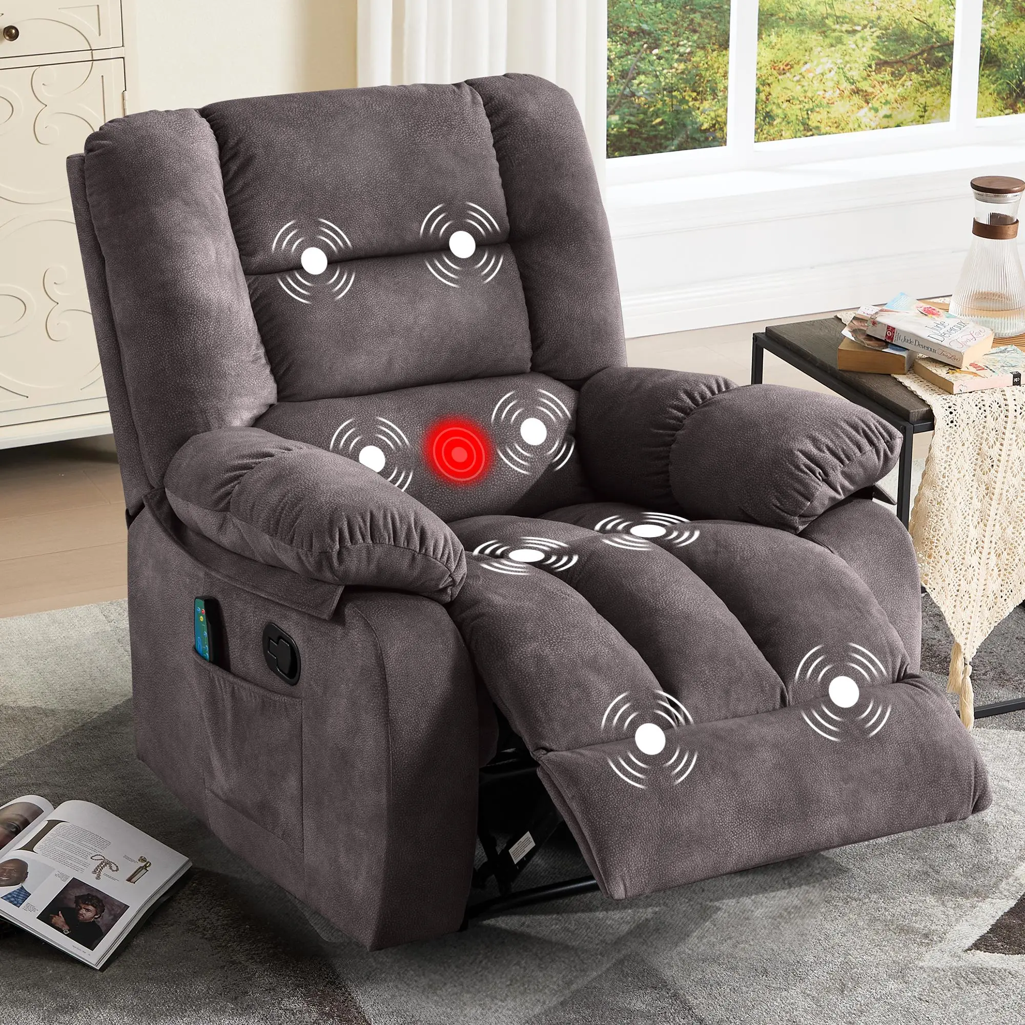 EBELLO Thick Overstuffed Adjustable Manual Heated Massage Recliner Chair - High-Density Foam, Vibration Function, Side Pocket, Soft Breathable Fabric, Pressure Points & Muscle Relief for Living Room