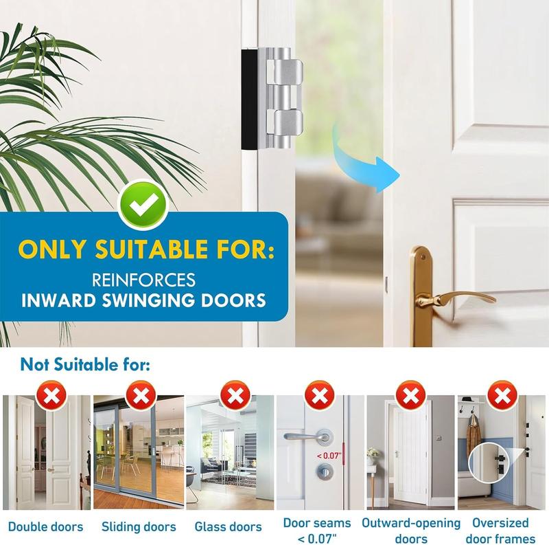 Heavy Duty Door Reinforcement Lock for Inward Swinging Doors, Up to 800 lbs Force, Anti-Burglary, Easy Installation