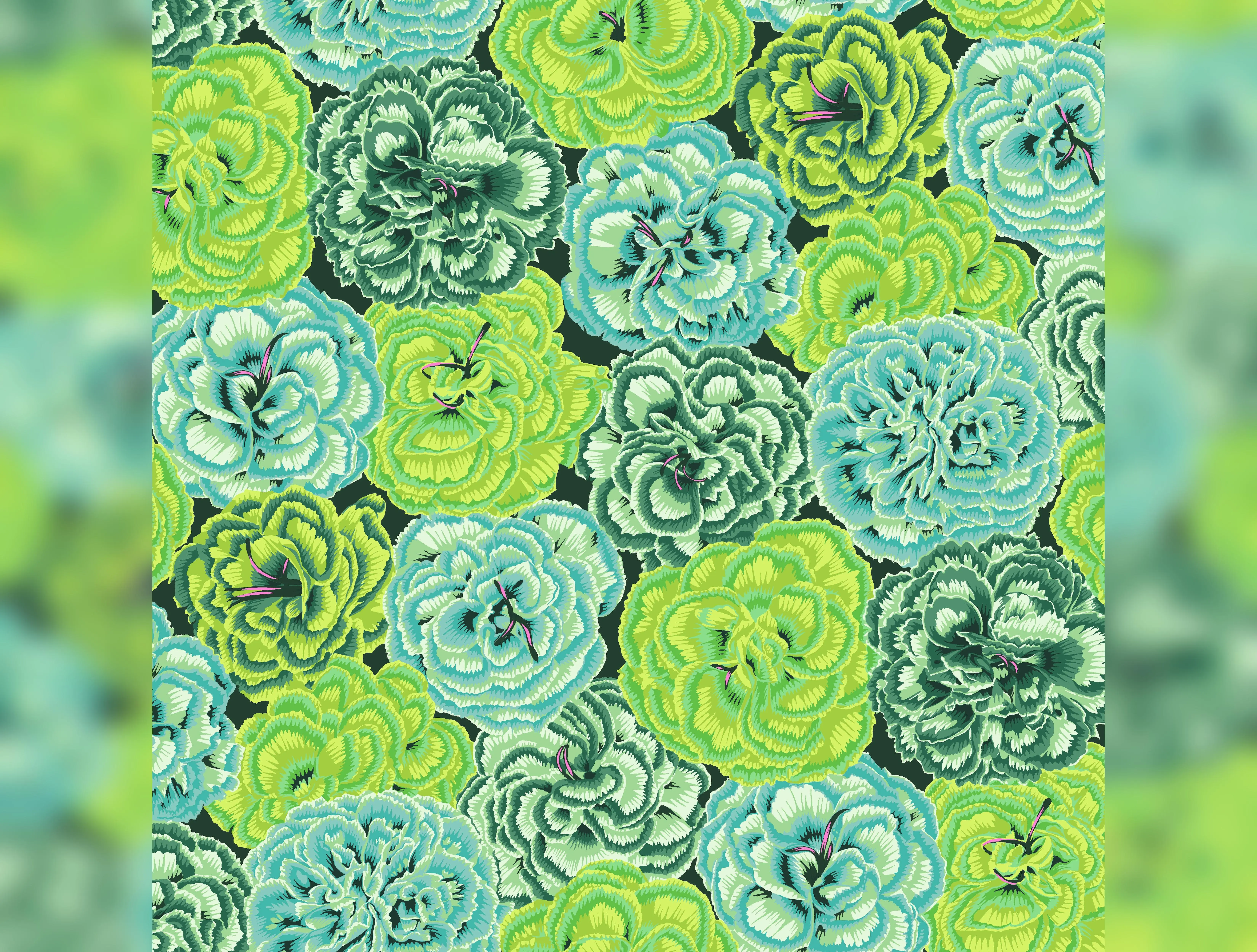 August 2025 | Picotee Carnations - Green by Kaffe Fassett Collective for FreeSpirit | PWPJ133.GREEN