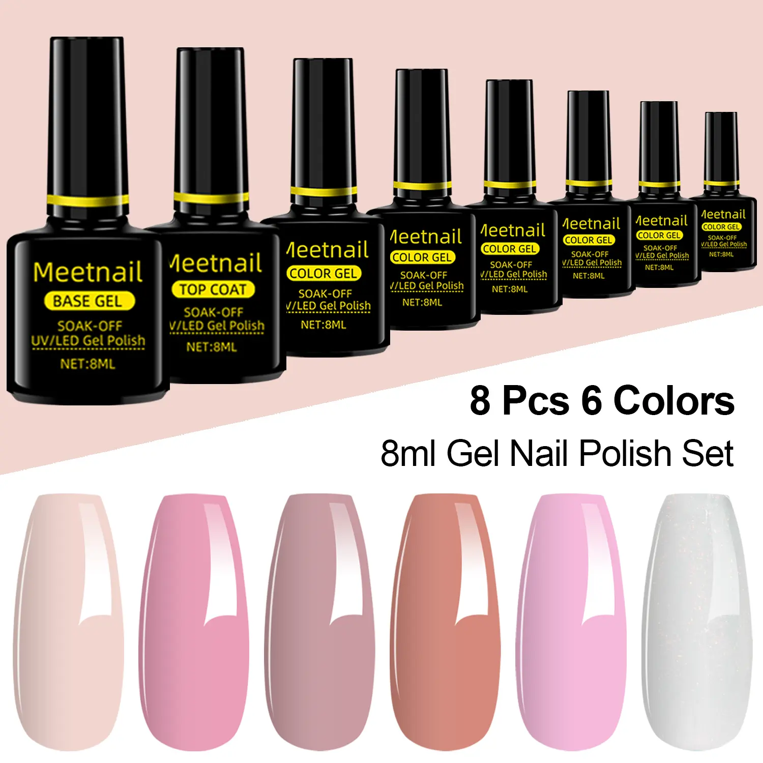 MeetNail 8pcs Gel Nail Polish Set 6 Color Gel Polish with Base Coat and Glitter Top Coat Cutics Pink Blue Green Collection Women's Cosmetic Gifts Manicure Supplies Nail Extension Nail Care
