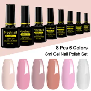 MeetNail 8pcs Gel Nail Polish Set 6 Color Gel Polish with Base Coat and Glitter Top Coat Cutics Pink Blue Green Collection Women's Cosmetic Gifts Manicure Supplies Nail Extension Nail Care