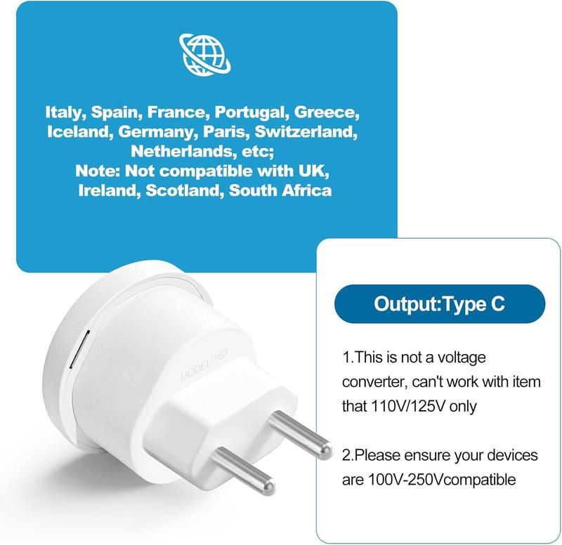 European Travel Plug Adapter, Type C International Power Adaptor to  Spain France Portugal Iceland ,  Vocation Essentials 3-Packs