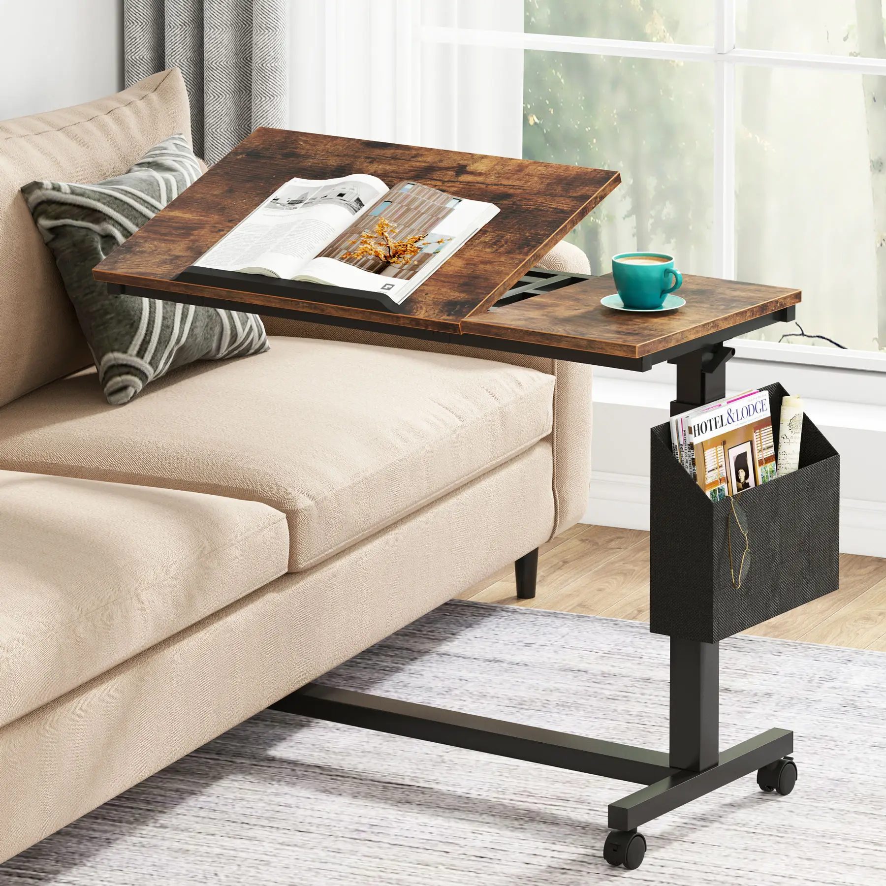 Tribesigns Height Adjustable C Shaped End Table with Wheels and Mobile Sofa Snack Table