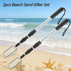 2-Piece Stainless Steel Beach Sand Sifter Set, Retractable Beach Sieve for Treasure Hunting, Shell Conch Collecting, Also for Cat Litter Scoop
