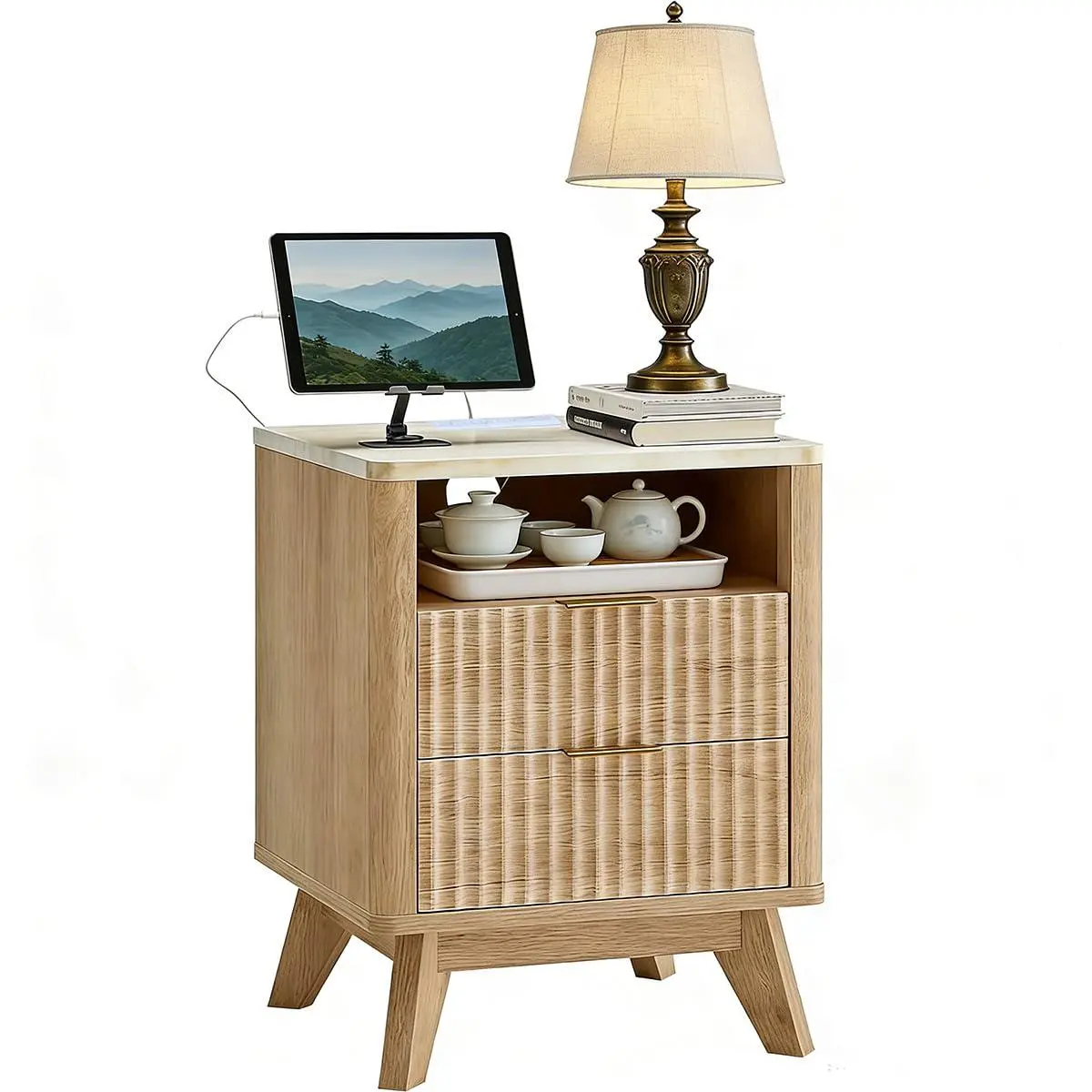 Nightstand with Charging Station, 18" Small Bedside Table with Faux Marble Top, 2 Drawer Oak Nightstand for Bedroom, Modern Curved Night Stand for Living Room