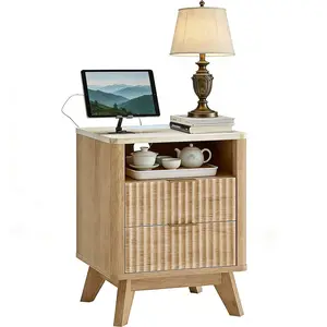 Nightstand with Charging Station, 18" Small Bedside Table with Faux Marble Top, 2 Drawer Oak Nightstand for Bedroom, Modern Curved Night Stand for Living Room