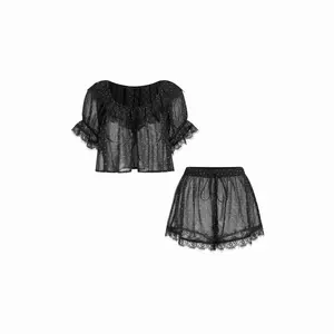 Cider Chiffon Polka Dot  Lace Trim Ruffled Crop Top & Shorts Loungewear Set