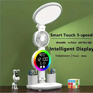 Multifunctional LED Desk Lamp with 3-Speed Touch Fan, Eye Protection, Adjustable Arm, Dimmable Bedroom Night Light, Indoor Study Lamp with Temperature & Time Display, No Battery - Powered by