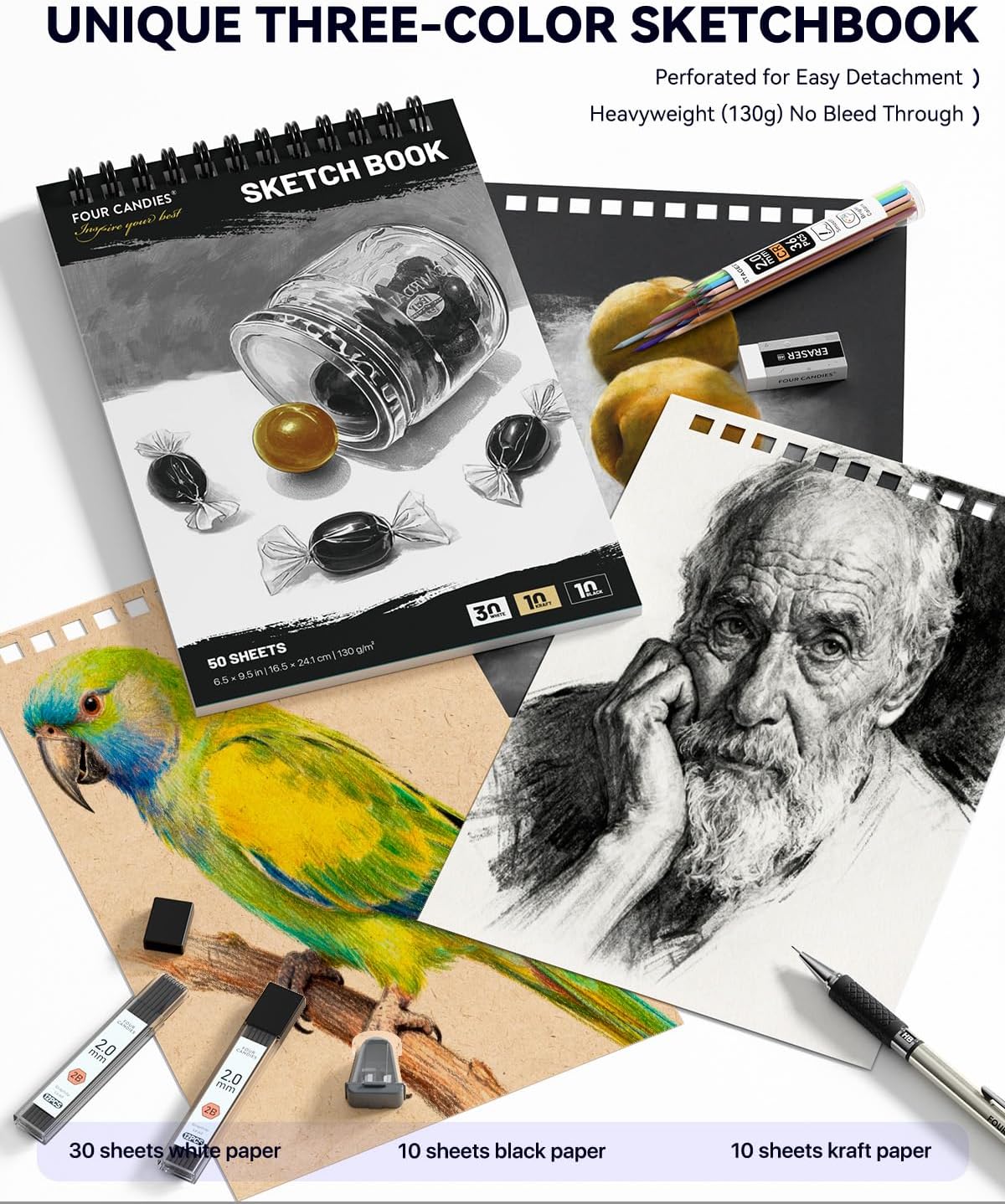 【Art Gift】 Four Candies 50 Sheets Triple-Tone Sketchbook (6.5"x9.5", White/Kraft/Black Mixed Pages), 130gsm Thick Multimedia Paper Top-Bound Art Drawing Pad