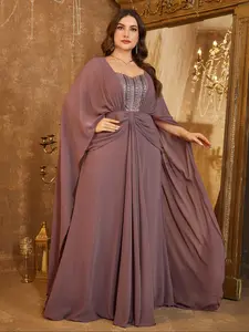 Elegant Plus Size Women's Square Neck Cape Style Long Sleeve Sequin Patchwork Chiffon Bodycon Formal Maxi Fitted Evening Party Dress