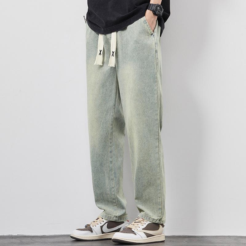 Summer Loose Wide Leg Jeans Pants Men Fashion Drawstring Elasticated Straight Trousers Summer Loose Wide Leg Jeans Pants Men Fashion Drawstring Elasticated Straight Trousers