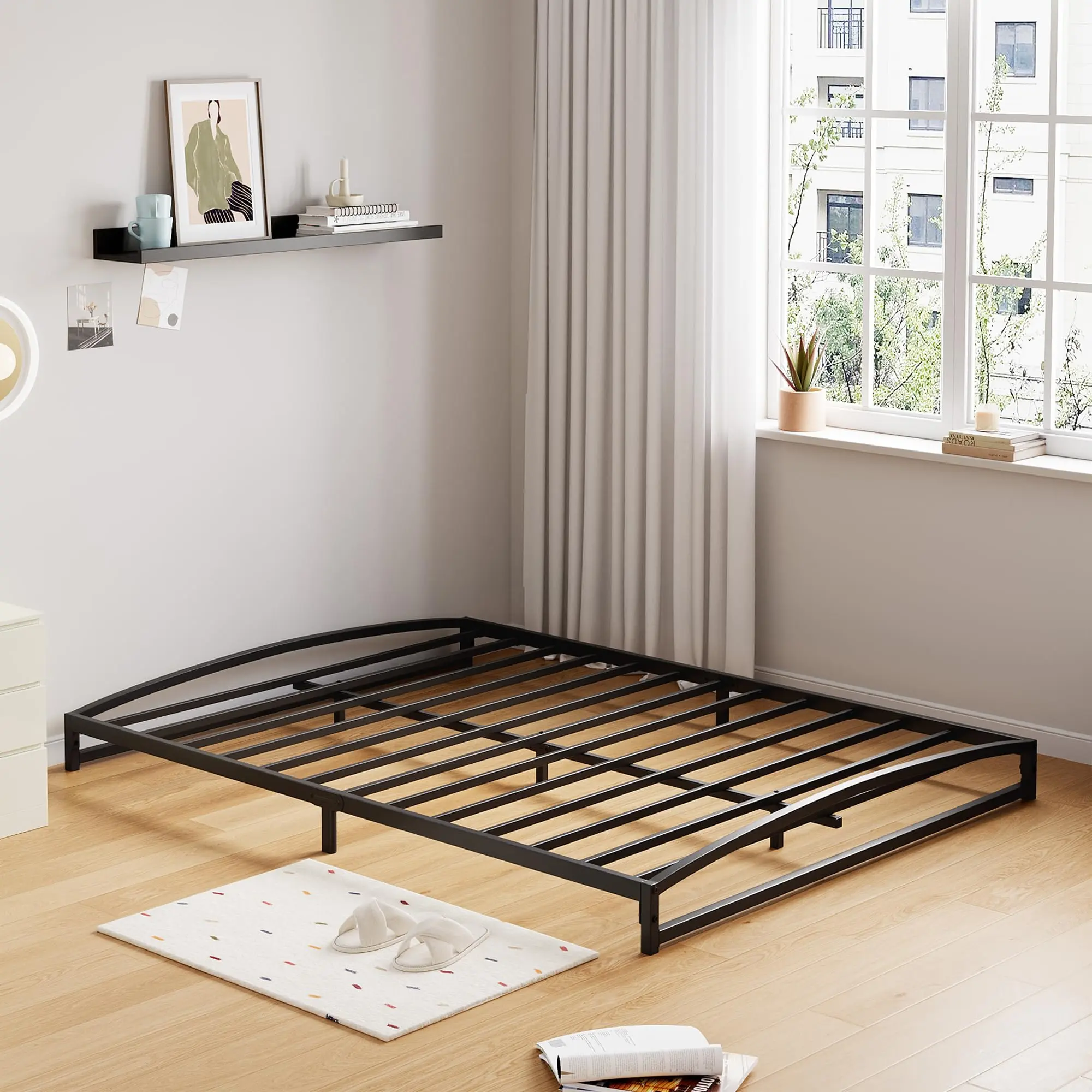 Garvee - 6 Inch Low Bed Frame, Metal Bed Frame with Arch Design, Durable Bed Frame, Strong Load Capacity, No Box Spring Needed, Black Color