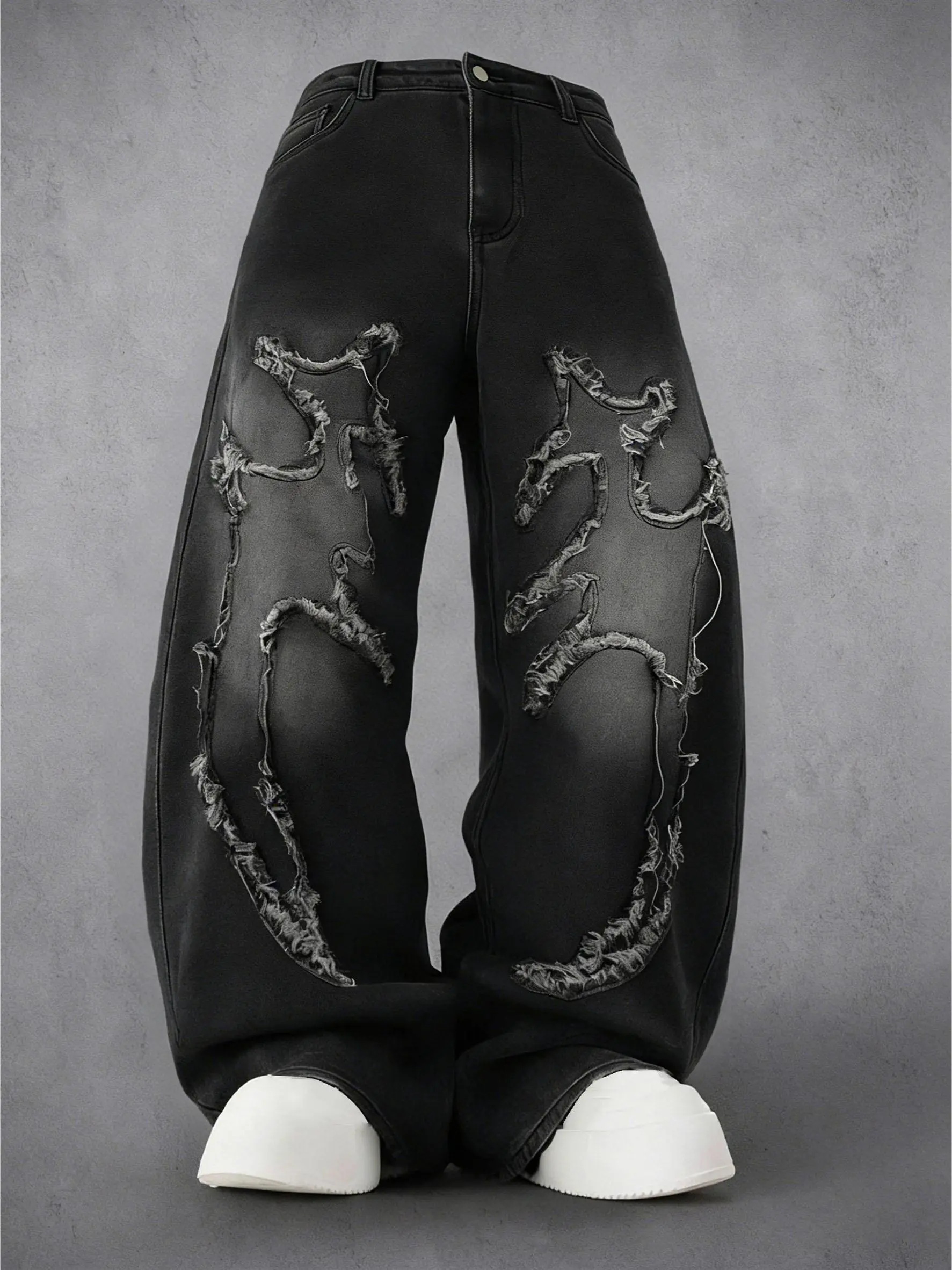 Men's Black Washed Star Frayed Patchwork Wide Leg Jeans Cotton Blend Baggy Denim Streetwear Pants