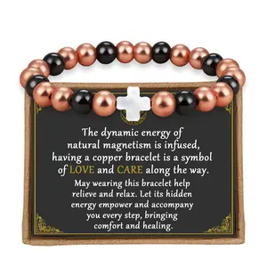 PEALICIOUS Copper Bracelet for Women and Men, 8MM Cross Copper Magnetic Bracelets with 3500 Gauss Magnetic Bead as Christian Jewelry for Mom, Cooper Hematite Jewelry as Rakhi Gift for Sister