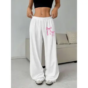 Women’s bow print drawstring waist sweatpants, casual street pants for daily wear, ladies bottoms for spring and fall