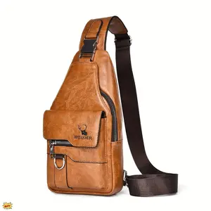 Men's Retro PU Leather Chest Bag - Large Capacity Multi-Compartment Casual Crossbody Bag for Outdoor Travel