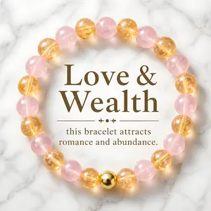 Rose Quartz and Citrine Crystal Beaded Bracelet With Real Gold - Love and Wealth