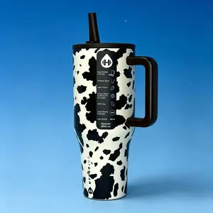 HydroJug 40oz Stainless Steel Tumbler – Classic Black & White Cow Print, Handle & Straw Included