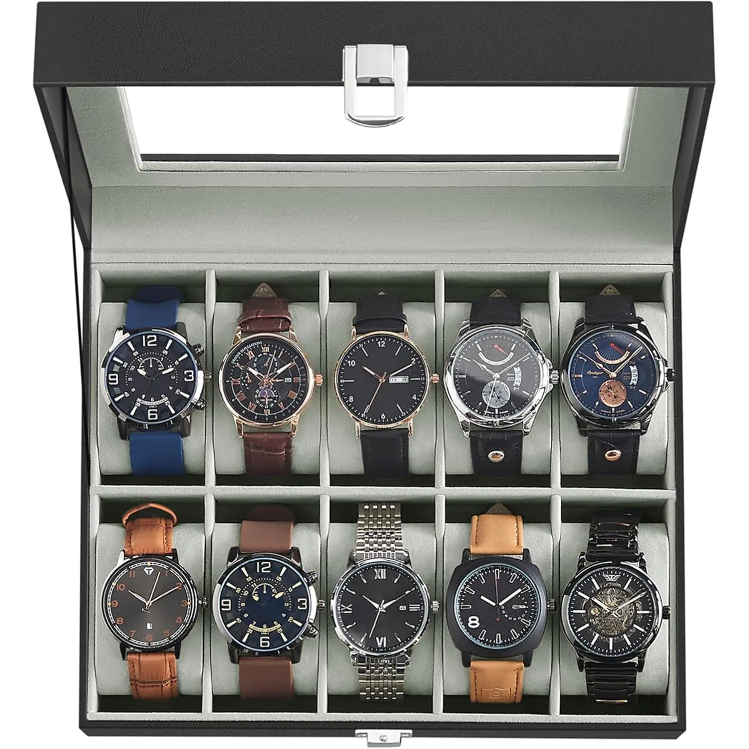 Watch Box, 10-Slot Watch Case with Large Glass Lid, Removable Watch Pillows, Watch Box Organizer, Gift for Loved Ones, Black Synthetic Leather, Gray Lining UJWB010BK