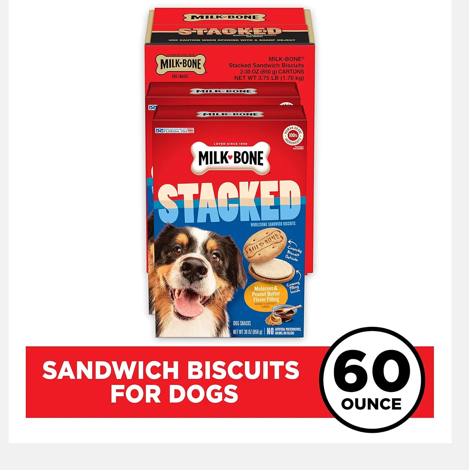 Milk-Bone Stacked Dog Treats, 30 Ounce (Pack of 2), Crunchy Biscuit with Molasses and Peanut Butter Creamy Filling