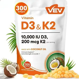 Vitamin D3 K2 10000 IU, 300 Virgin Coconut Oil Softgels, 2 in 1 Vitamins Supplement D & K, Dietary Supplemental Pack