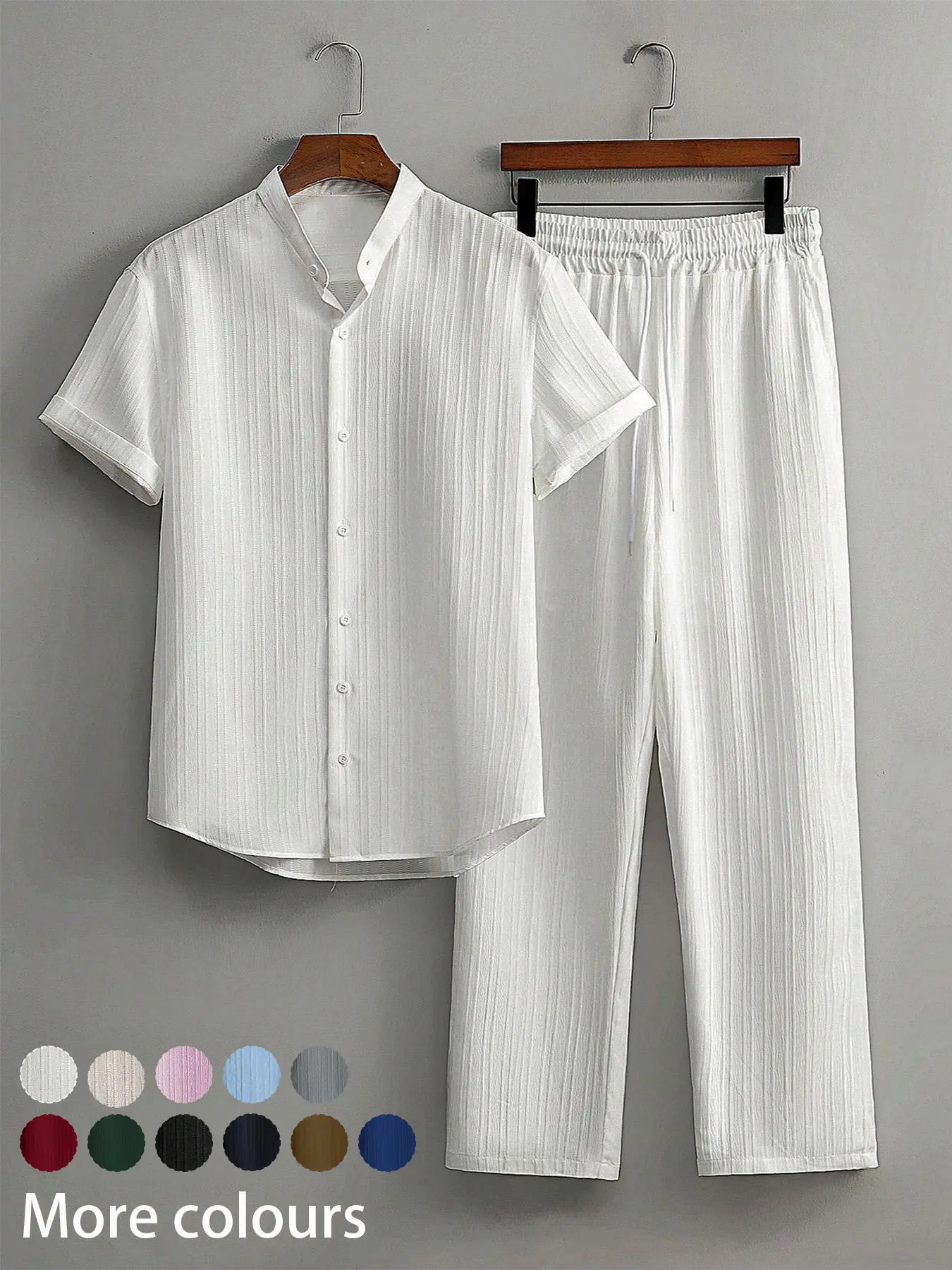 Two-Piece Set Men's Linen Set, Breathable Casual Short Sleeve Button Up Shirt & Pants Set for Summer, Men's Clothes for Beach Vacation