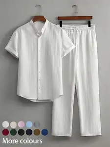 Two-Piece Set Men's Linen Set, Casual Short Sleeve Button Up Shirt & Pants Set for Summer, Men's Clothes for Beach Vacation